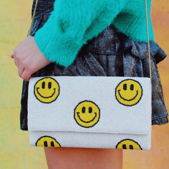Emoji Smiley Face White Double Side Beaded Crossbody Clutch Handbag Bag NEW - Picture 1 of 8
